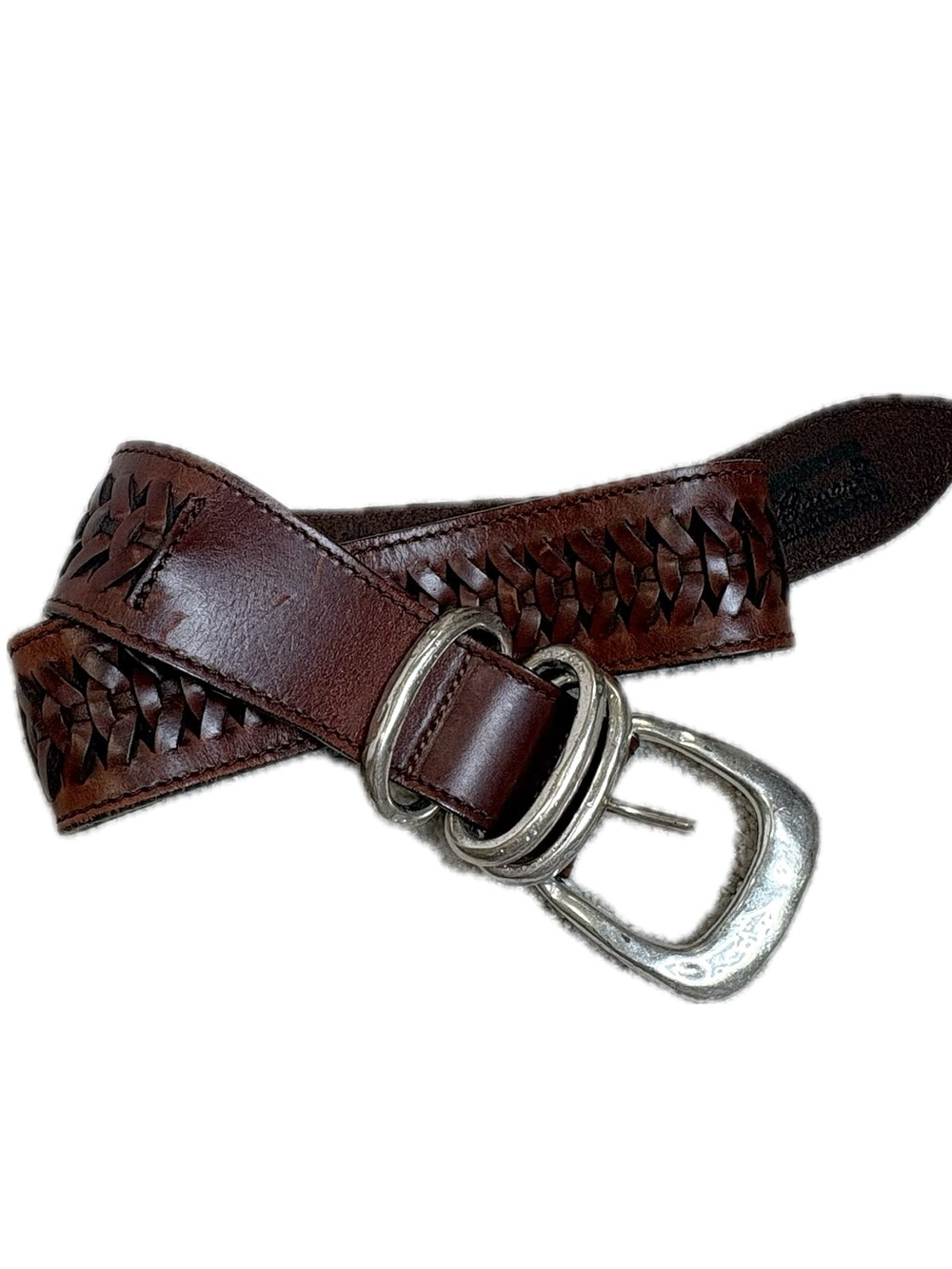 Eddie Bauer Woven Leather Braided Belt Womens Small XS Dark Brown Silver Buckle